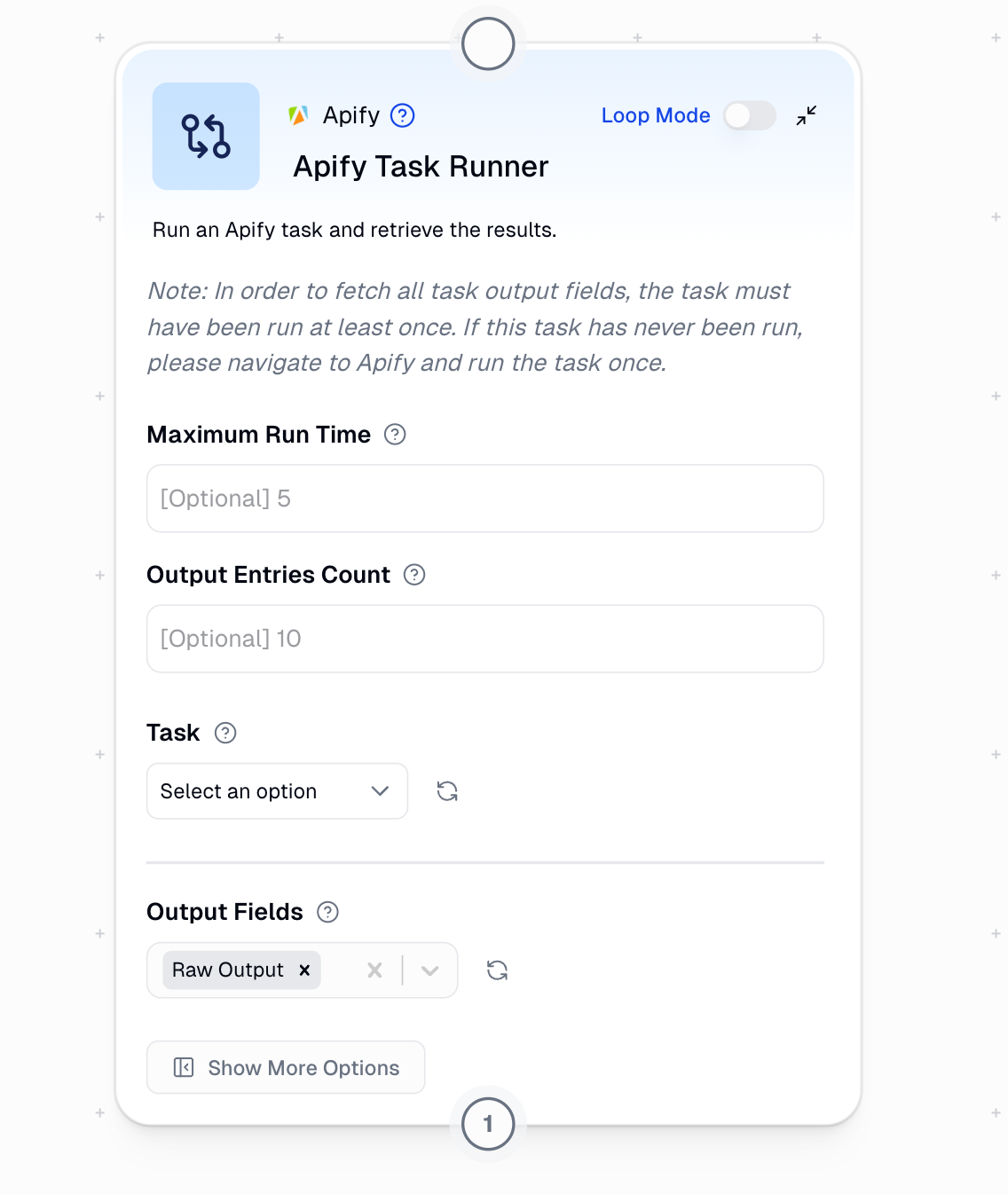 Apify Task Runner node configuration